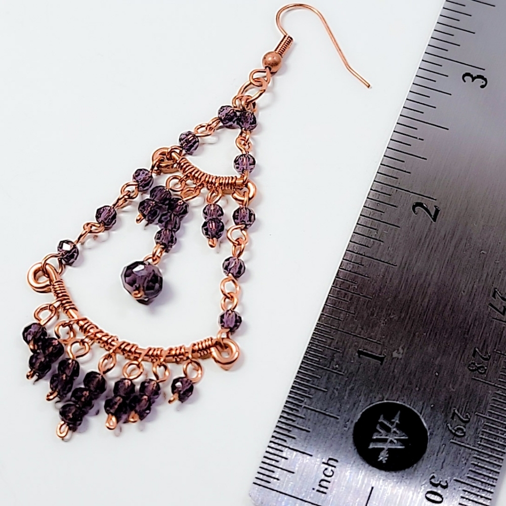 Handcrafted Copper & Amethyst Crystal Chandelier Earrings - Picture 3 of 6